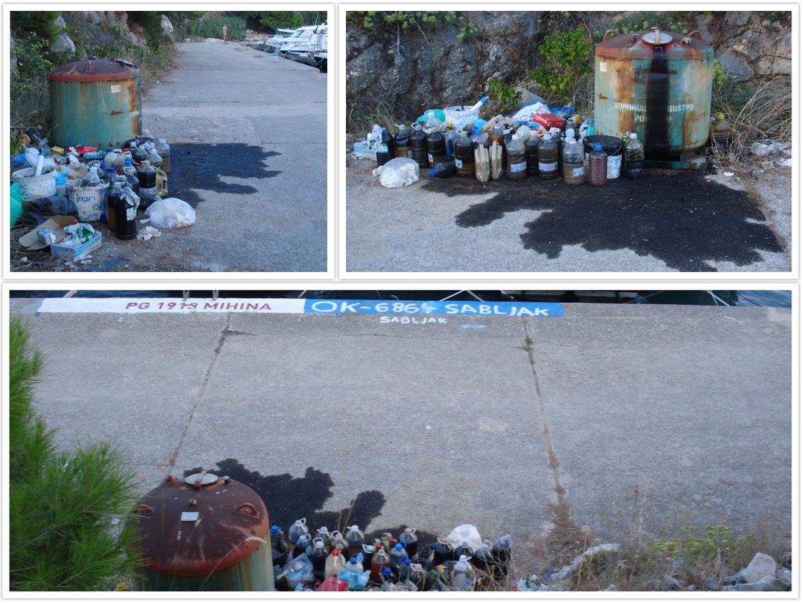 Motorno ulje godinama curi u more iz oronulog spremnika u Povljani, kraj njega gomila plastičnih kanistara s opasnim uljima