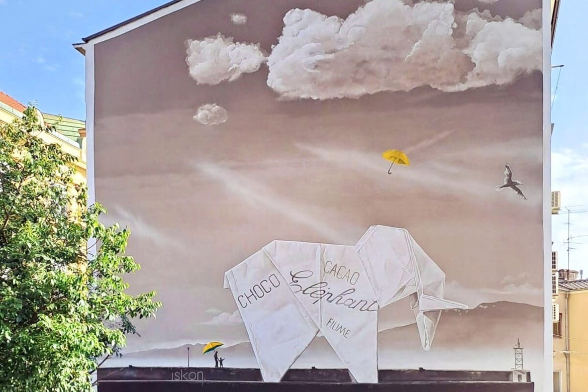 Slon od papirnog omota čokolade Elephant - Mural u čast Rijeke, industrijskog i lučkog diva 19. stoljeća