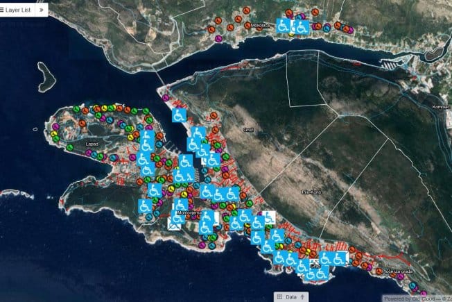 Ova karta prikazuje pristupačnost područja za osobe s invaliditetom na dubrovačkom području