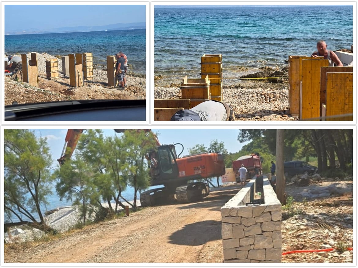PRATILI SMO IH Općina Sutivan suočena s dokazima betoniranja stupova na plaži, pa načelnik promijenio ploču: "Utvrđeno postavljanje betonskih pilona bez dozvole na plažu!"