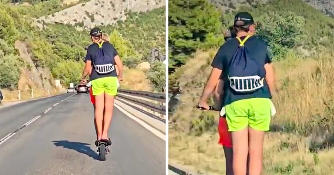 Dvoje djece bez kacige na električnom romobilu voze Jadranskom magistralom kod Makarske!