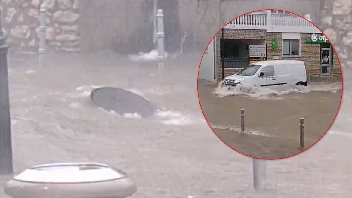 VIDEO Povodanj u Vodicama - Bujica izbija šahtove, automobili zapeli u ulicama...
