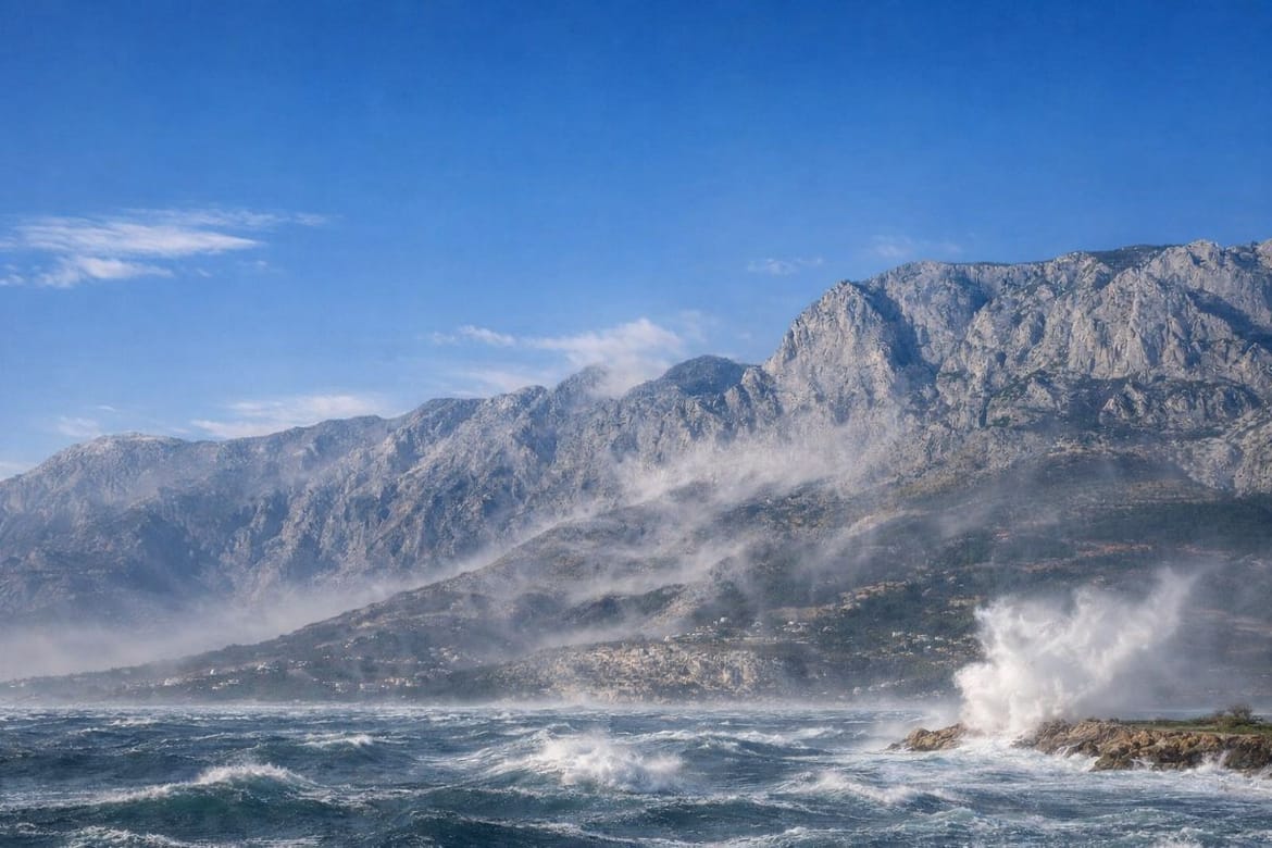 BURA POD BIOKOVOM Većinom topliji utorak uz mjestimične oborine, pa djelomično razvedravanje