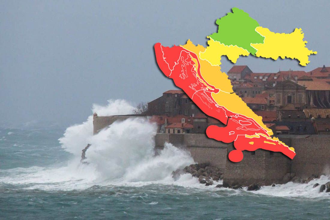 CRVENI METEOALARM ZA CIJELI JADRAN Jugo do 130 km/h, velike količine oborina i bujične poplave!