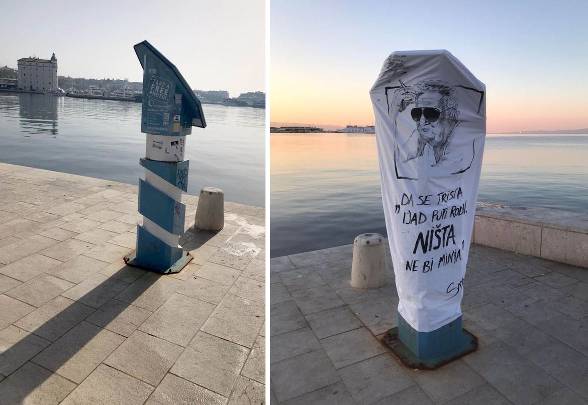 Aktivisti na splitskoj rivi plahtom sa Smojinim likom prekrili foto-stup koji ničemu ne služi