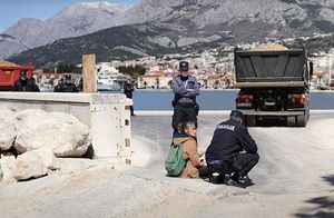 OTPOR DIVLJANJU Djevojka i pas sjeli na put kamionima koji istovaraju zemlju u more